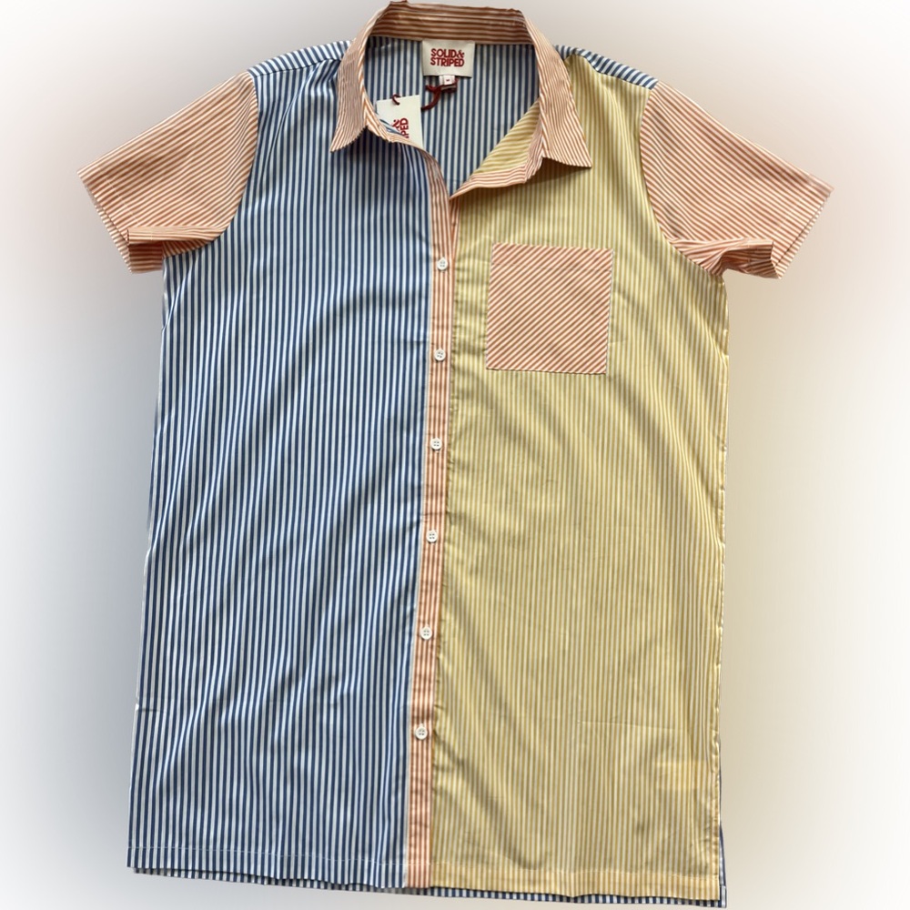 SOLID & STRIPED NWT Cabana Mini Shirt Dress Medium Blue Orange Yellow Stripe - Picture 4 of 10